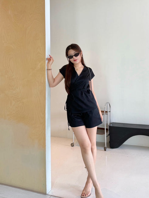 Summer Casual Wrap Tie Tops With Short Sets